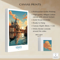 Venice Boat Print showcasing a vibrant sunset scene on a canal, perfect for home decor and gallery walls.