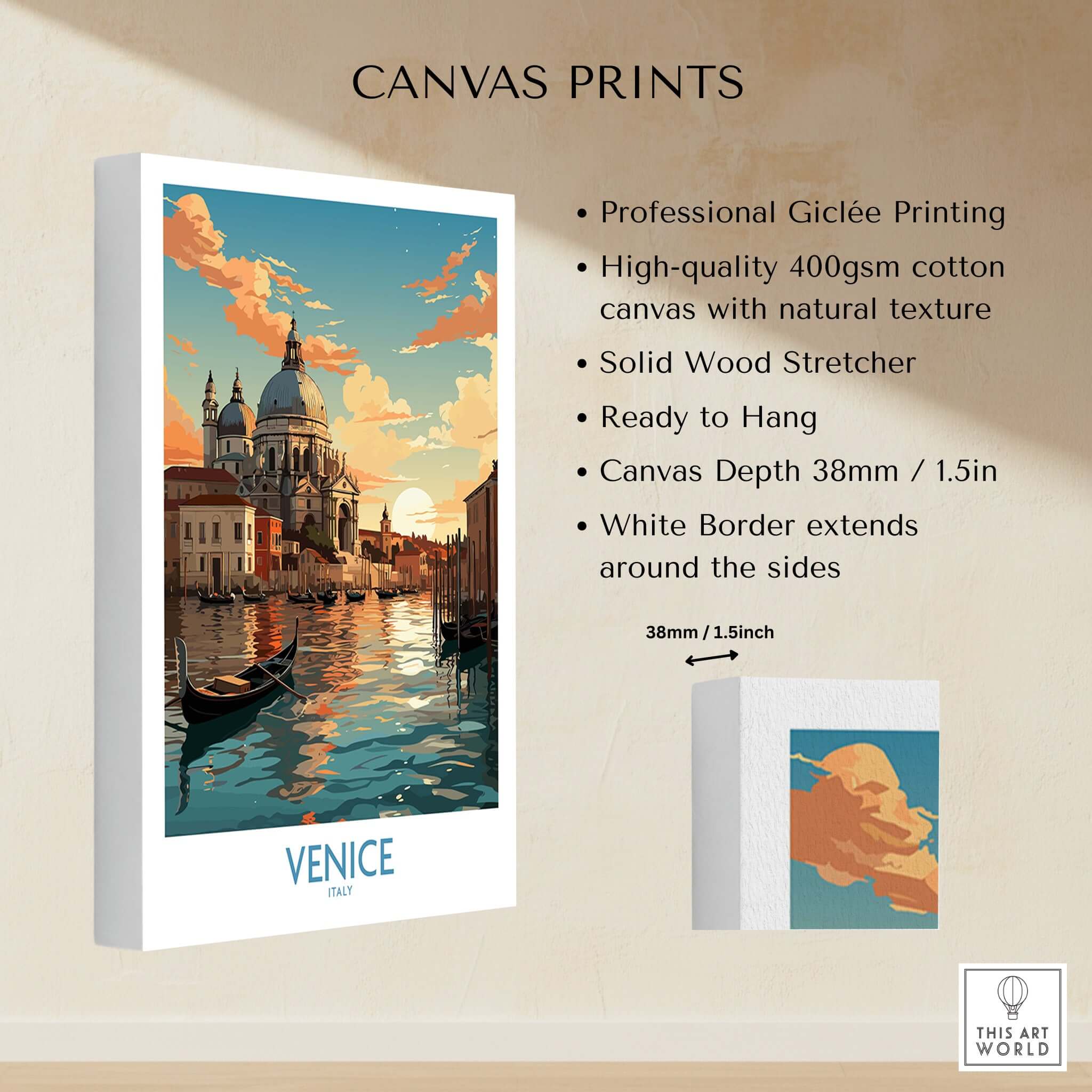 Venice Boat Print showcasing a vibrant sunset scene on a canal, perfect for home decor and gallery walls.