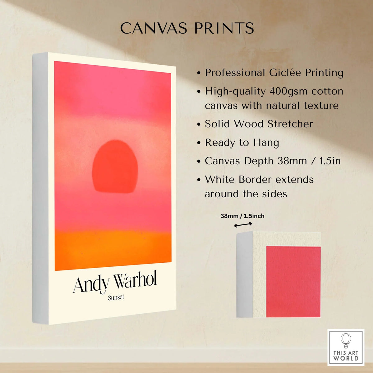 Andy Warhol Sunset Pink Orange Pop Art Print Modern Abstract Poster Wall Art displayed on high-quality canvas.