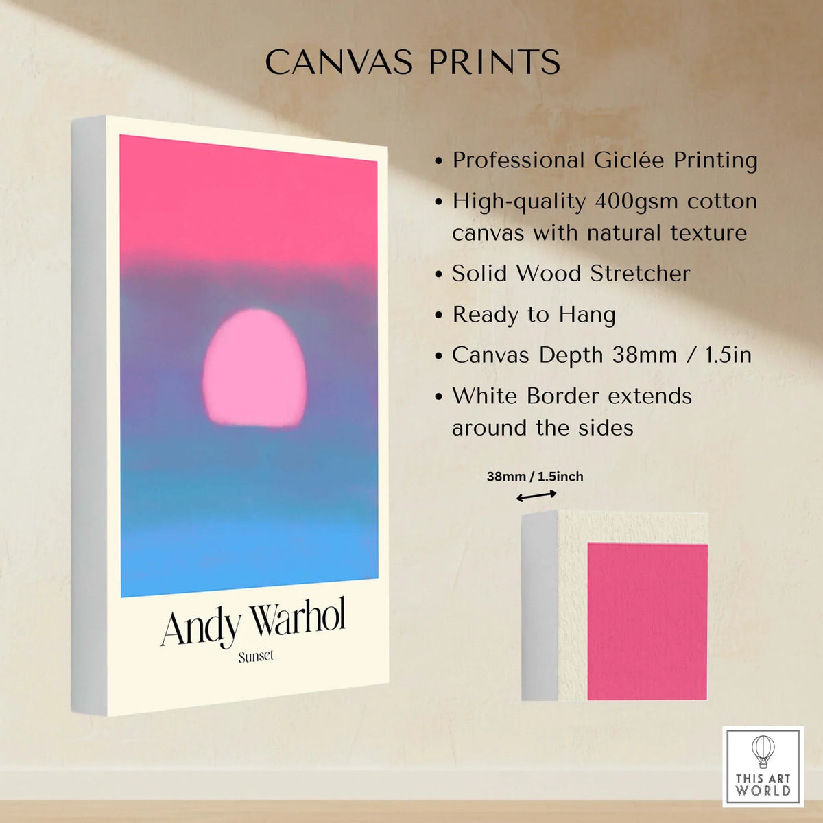 Andy Warhol Sunset Pink Blue Pop Art Poster Abstract Screenprint Wall Art Print displaying professional Giclée printing.