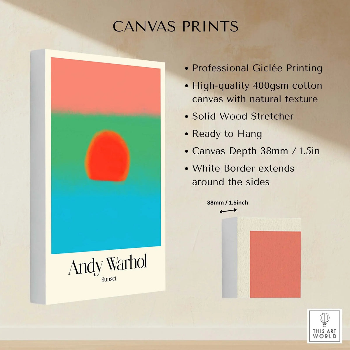 Andy Warhol Sunset Coral Green Blue Pop Art Poster Abstract Wall Art Print Modern on canvas with professional Giclée printing.