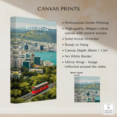 Wellington New Zealand Wall Art Print | Travel Poster showcasing vibrant harbor, colorful buildings, and hillside backdrop.