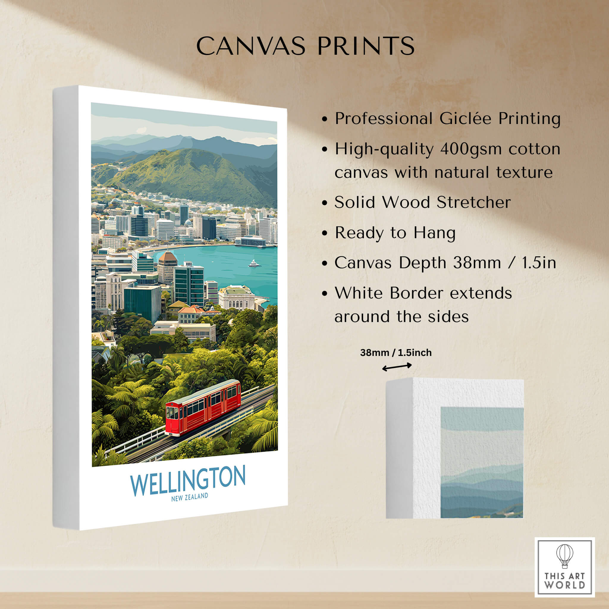 Wellington New Zealand Poster | Scenic City Skyline Landscape Canvas Print showing high-quality Giclée printing and design details.