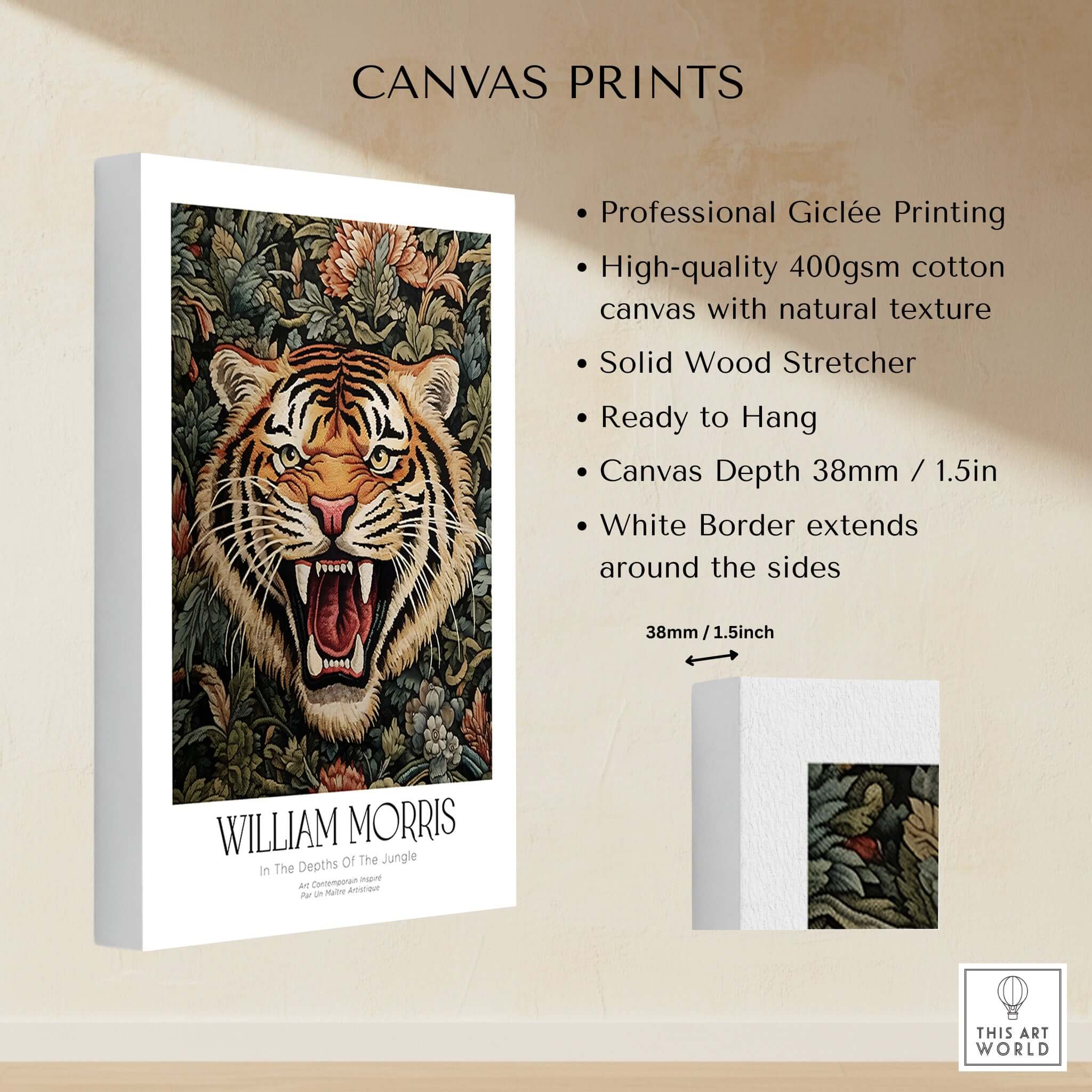William Morris Prints - Exhibition Poster - Jungle Tiger canvas print showcasing a roaring tiger and lush greenery.