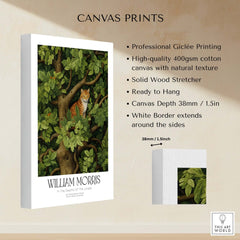William Morris Ginger Cat in Tree Botanical Art Print - Foliage Poster showcasing professional giclée printing on canvas.