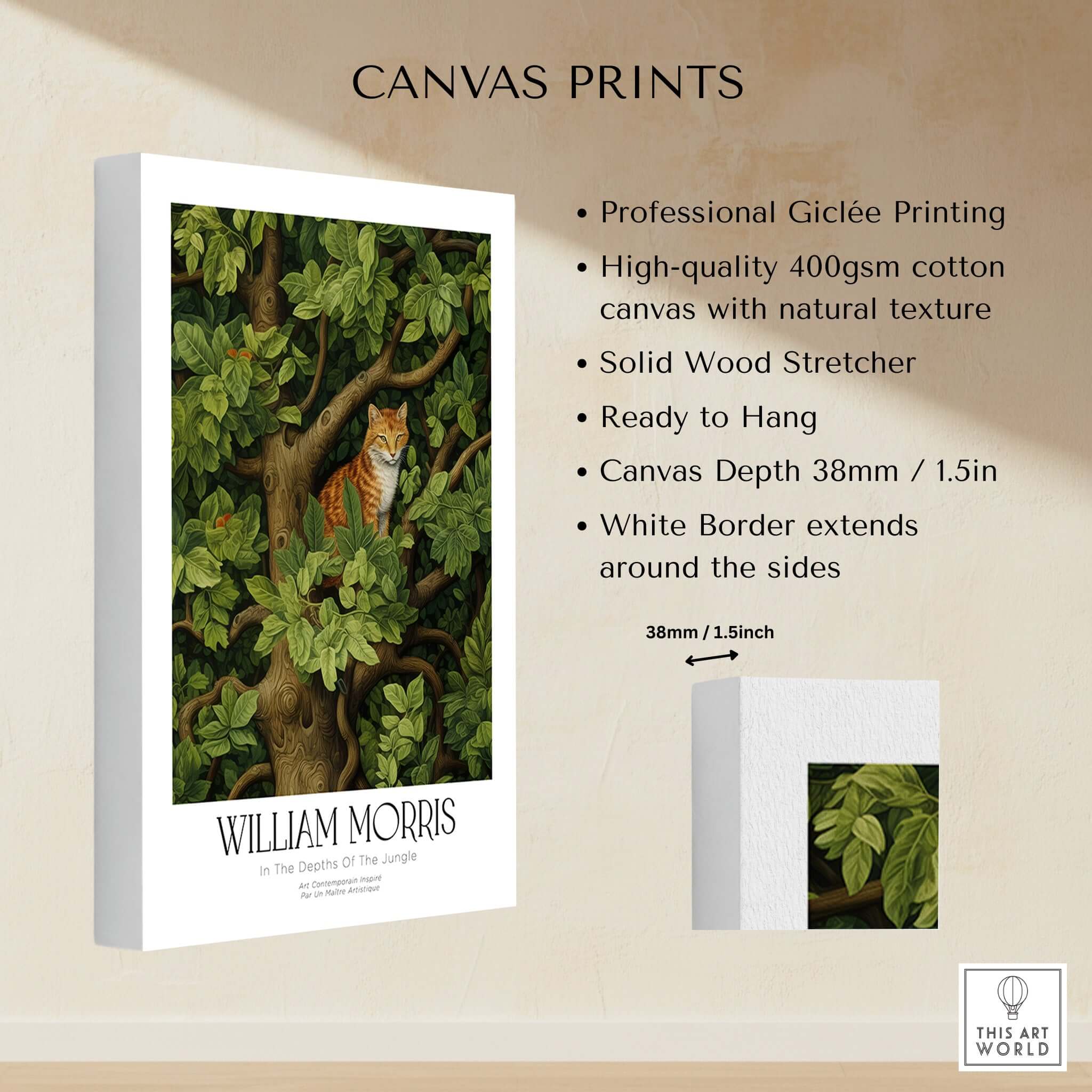 William Morris Ginger Cat in Tree Botanical Art Print - Foliage Poster showcasing professional giclée printing on canvas.