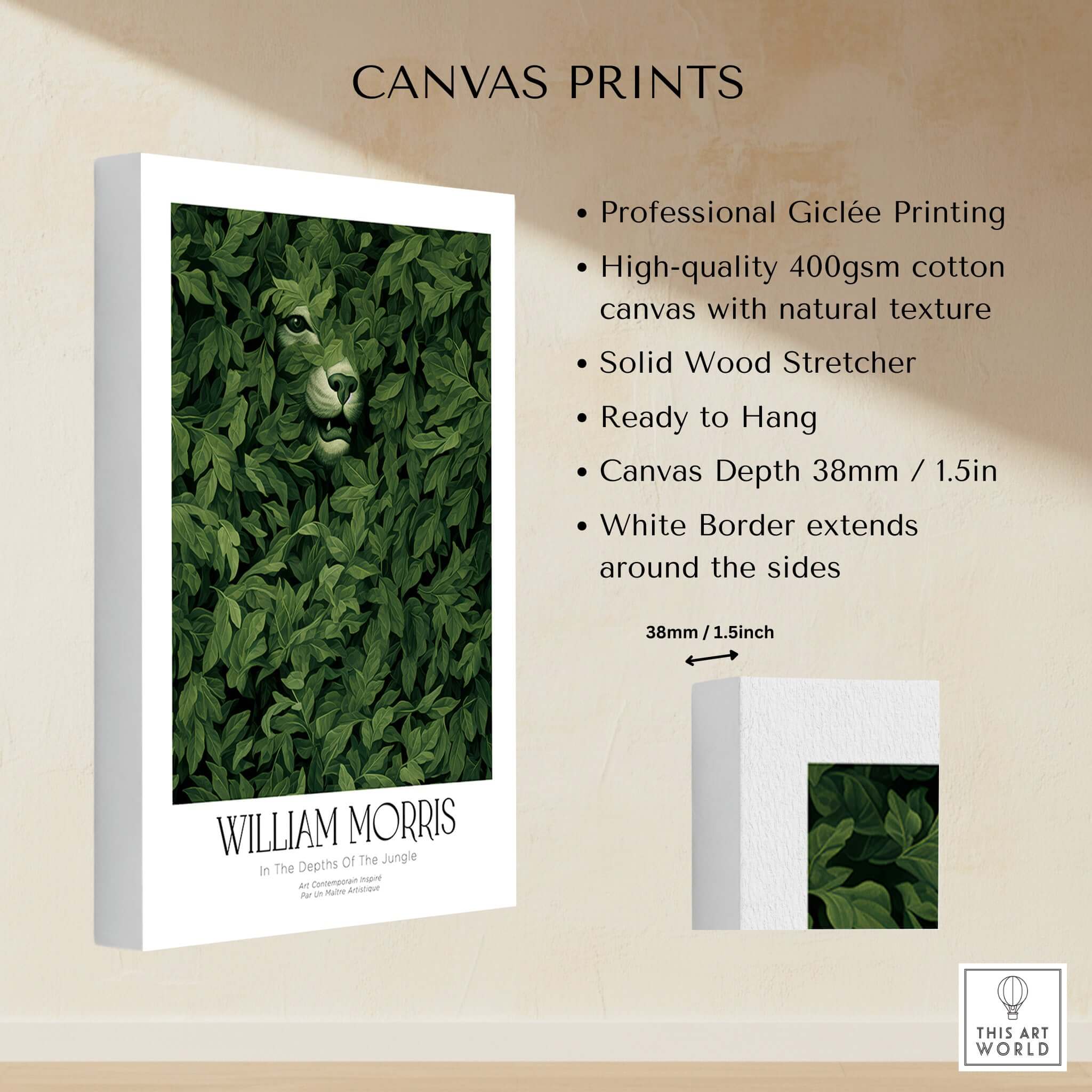 William Morris Prints - In the Depths of the Jungle Foliage Botanical Art Print on canvas with lush green leaves and big cat