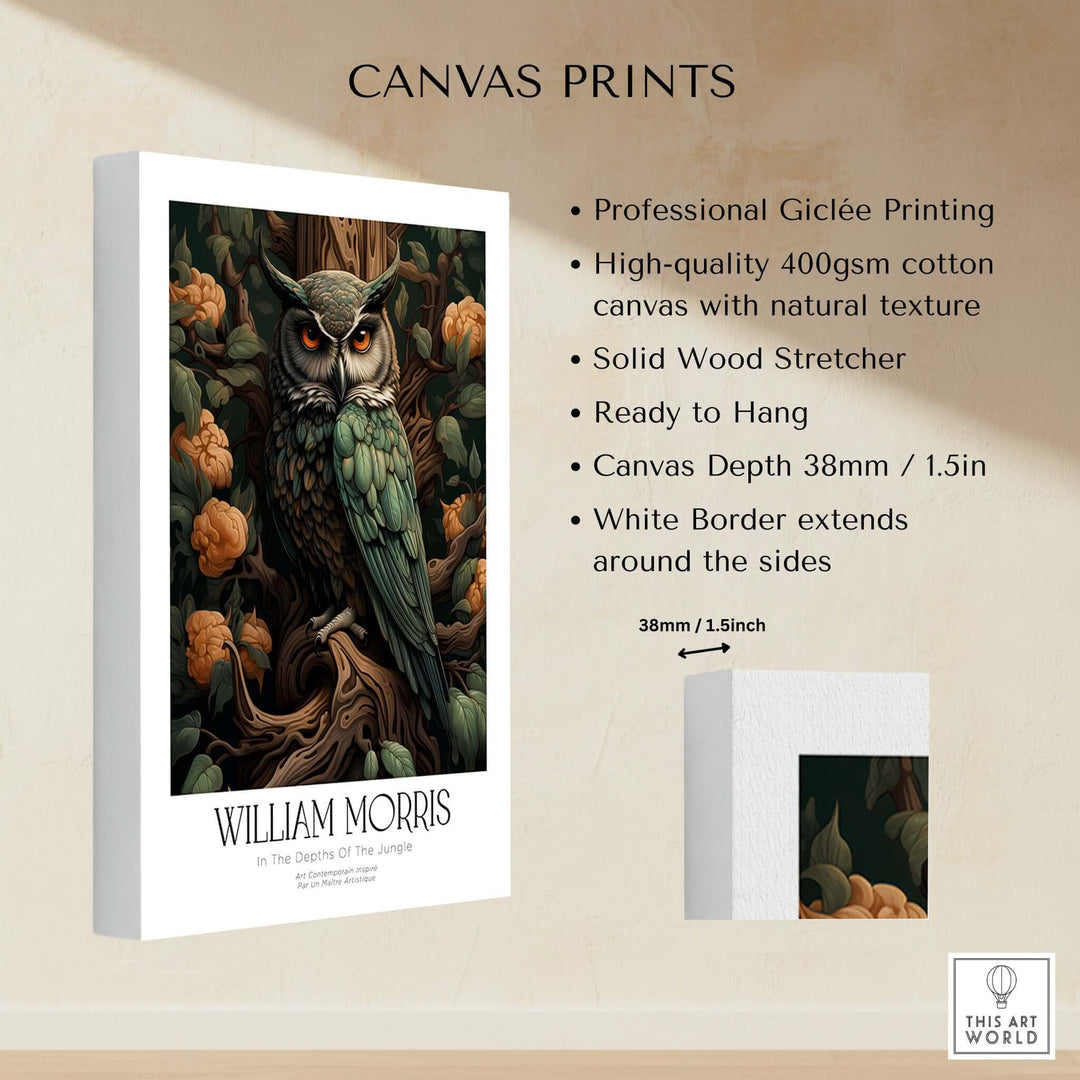 William Morris Prints - Wise Owl Botanical Art Print - Floral Tree Poster showcasing a wise owl among floral designs.