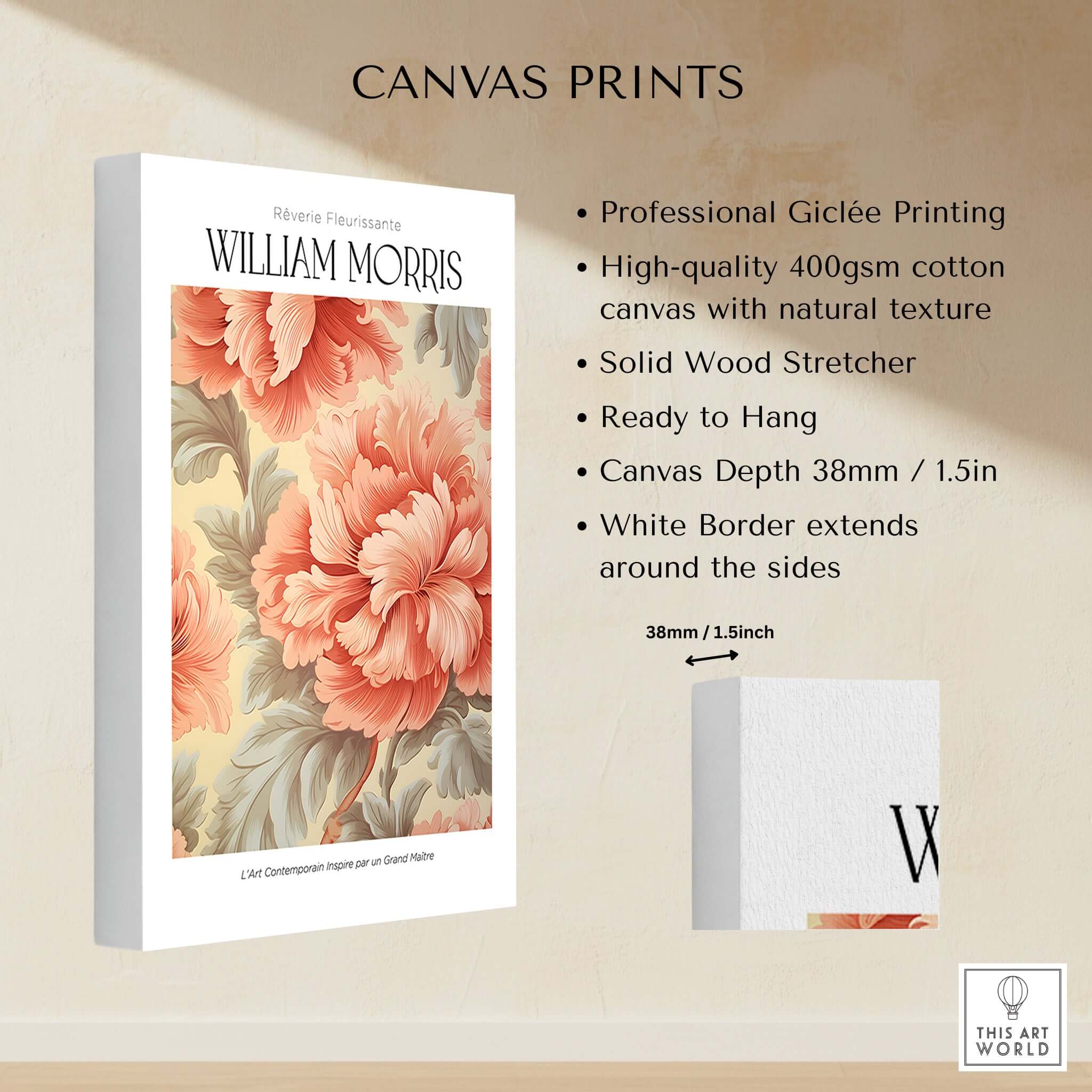 William Morris Prints - Pink Peony Pattern Art Print - Floral Botanical Poster on canvas with Giclée printing details.