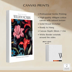 William Morris Prints - Dark Floral Lily Art Print - Vibrant Botanical Poster on canvas with natural texture and solid wood stretcher.