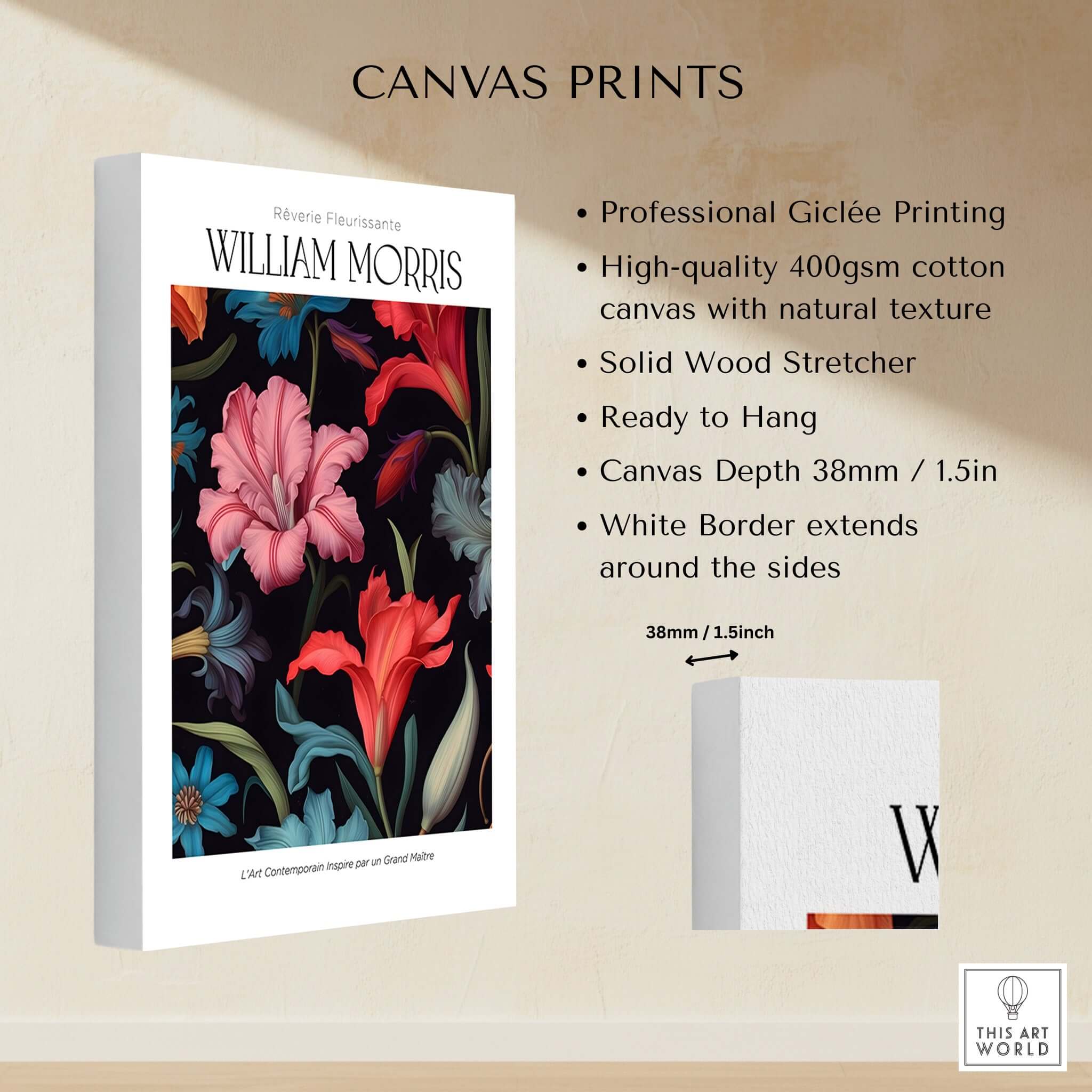 William Morris Prints - Dark Floral Lily Art Print - Vibrant Botanical Poster on canvas with natural texture and solid wood stretcher.