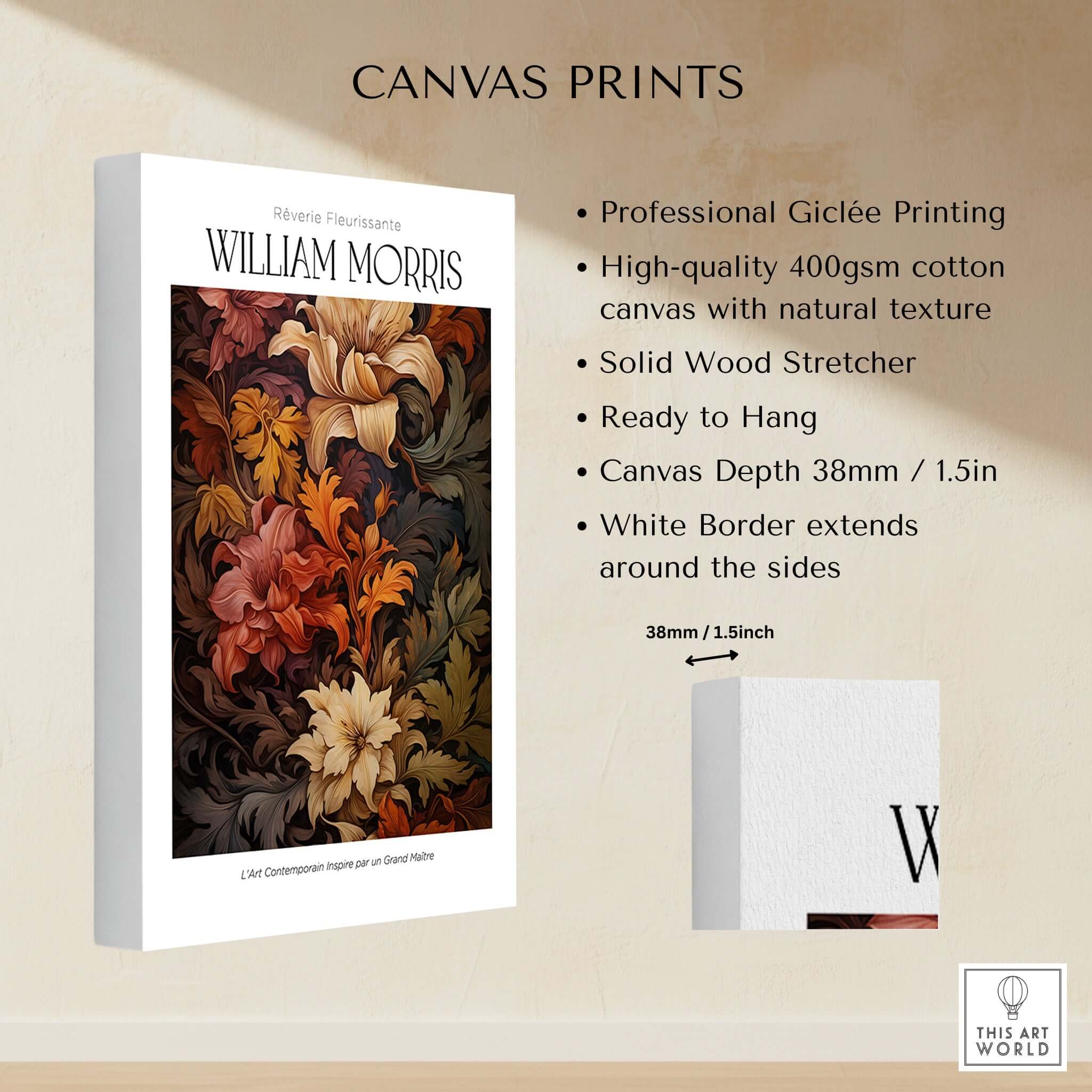 William Morris Prints - Rich Floral Foliage Pattern Art Print - Autumnal Botanical Poster displayed on high-quality canvas.