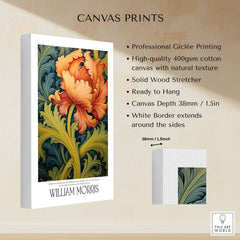 William Morris Orange Bloom Swirling Leaves Art Print - Botanical Poster displayed on a canvas print with professional Giclée printing.