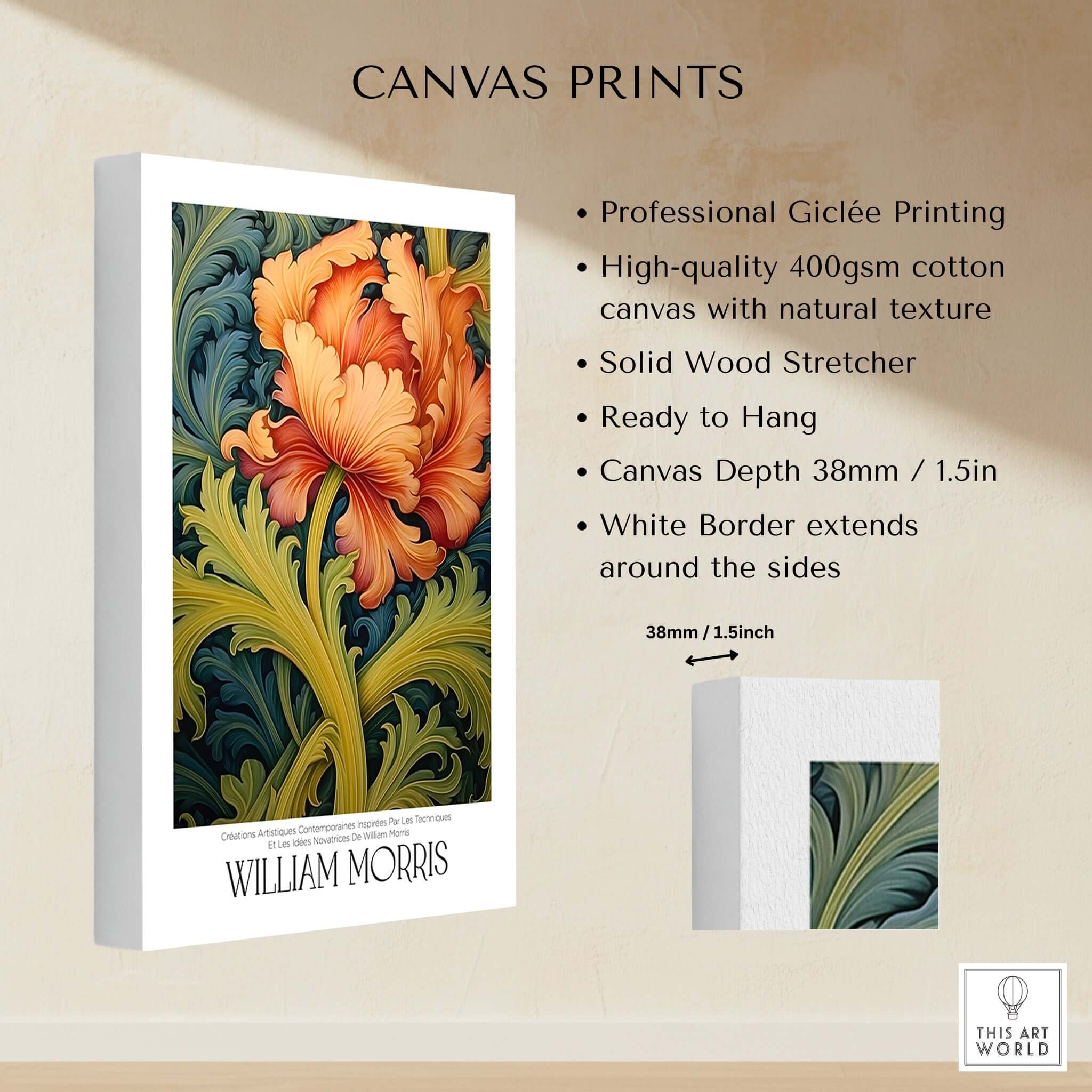 William Morris Orange Bloom Swirling Leaves Art Print - Botanical Poster displayed on a canvas print with professional Giclée printing.