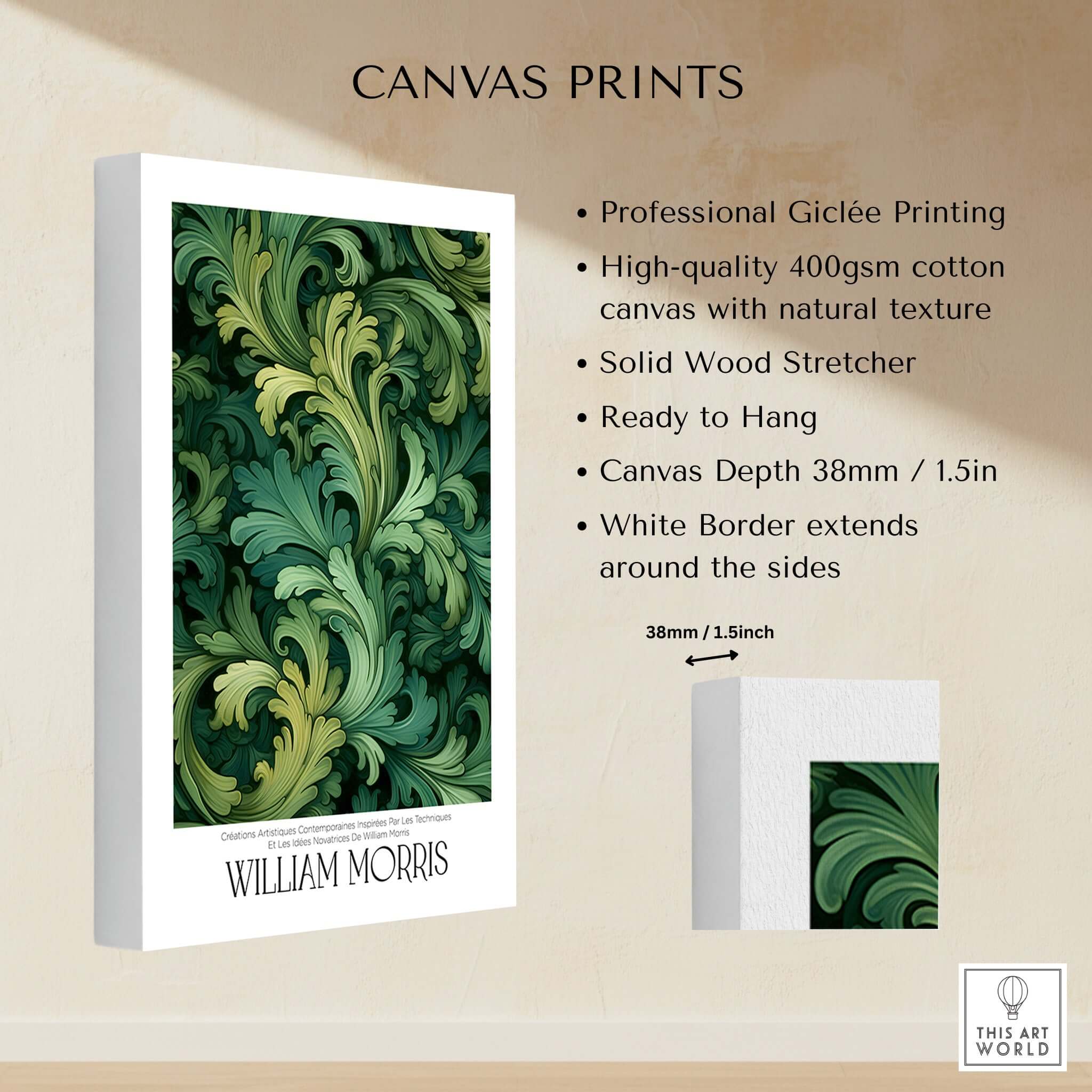 William Morris Prints - Green Acanthus Swirl Pattern Art Print - Botanical Foliage Poster displayed on canvas.