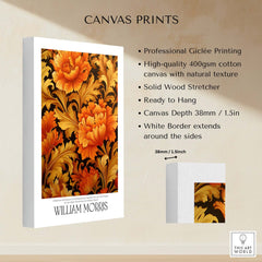 William Morris Prints - Orange Gold Floral Pattern Art Print - Dark Botanical Poster showcased on canvas.
