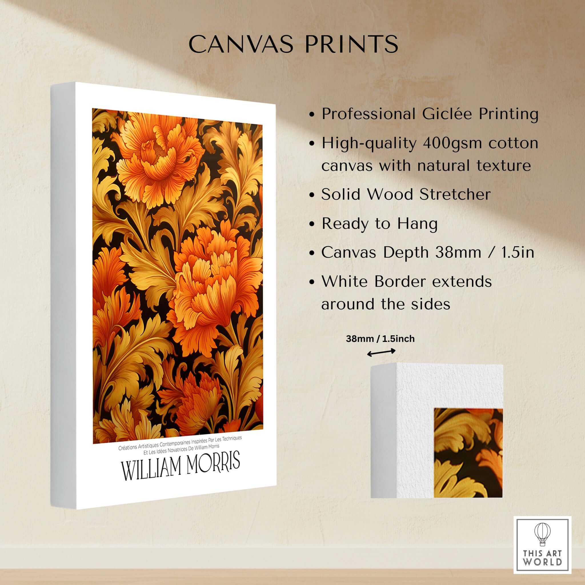 William Morris Prints - Orange Gold Floral Pattern Art Print - Dark Botanical Poster showcased on canvas.
