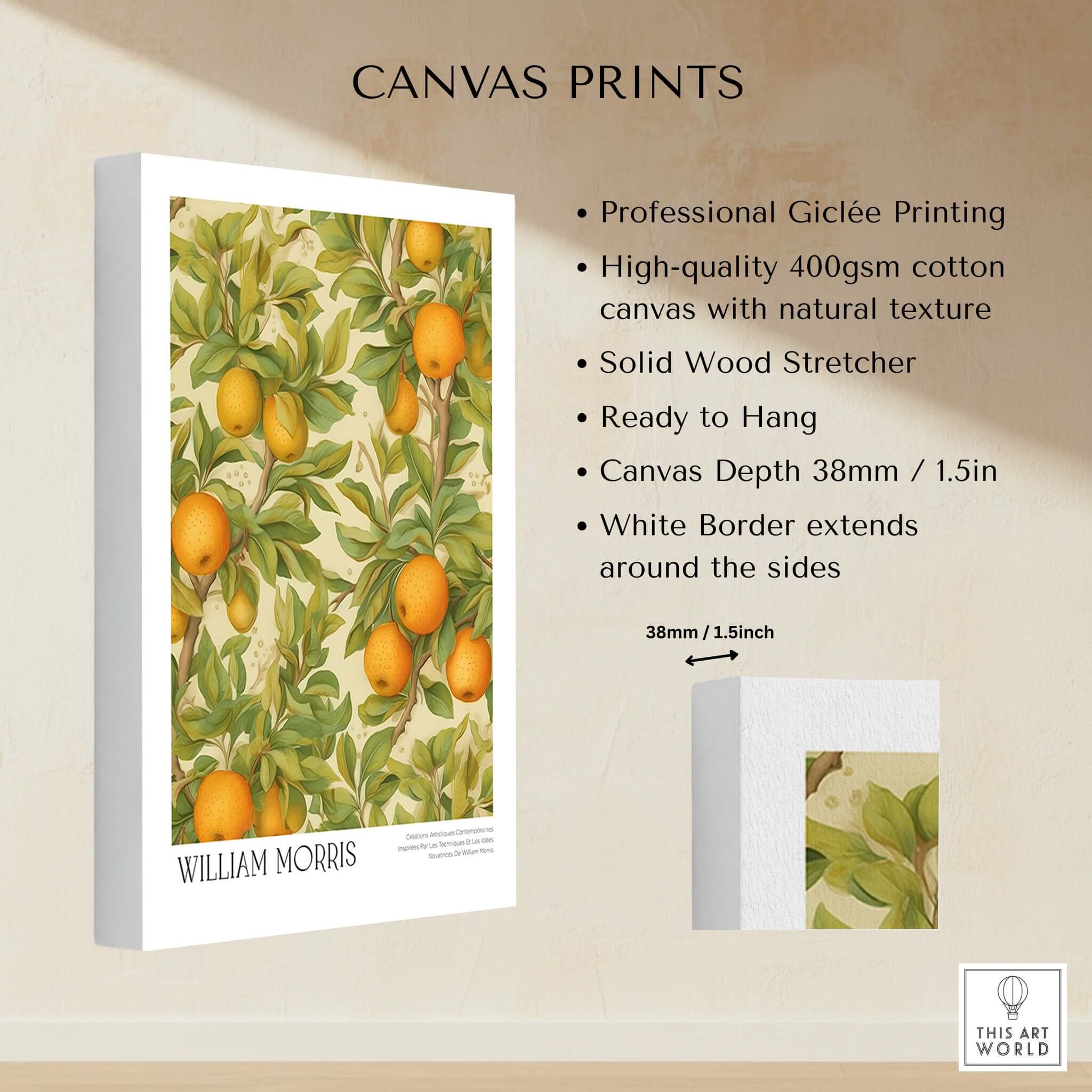 William Morris Prints - Orange Grove Fruit Tree Art Print - Botanical Poster displayed on high-quality canvas.
