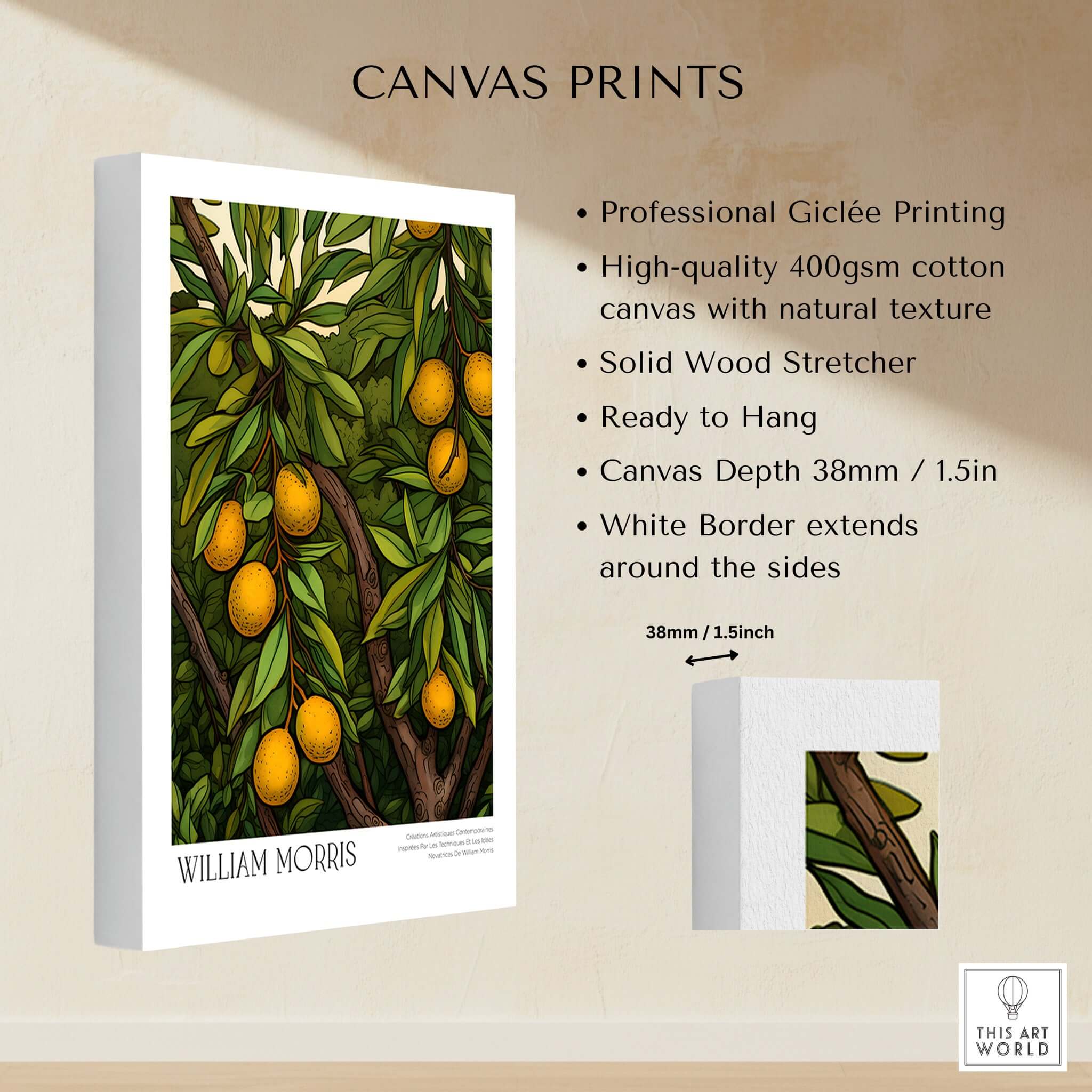 William Morris Prints - Illustrated Orange Tree Art Print - Botanical Fruit Poster on canvas with vibrant fruit and leaves.