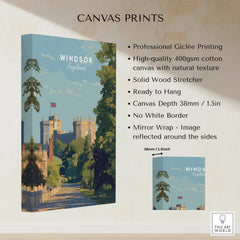Windsor England travel poster canvas print with castle art, cotton canvas, and product features.