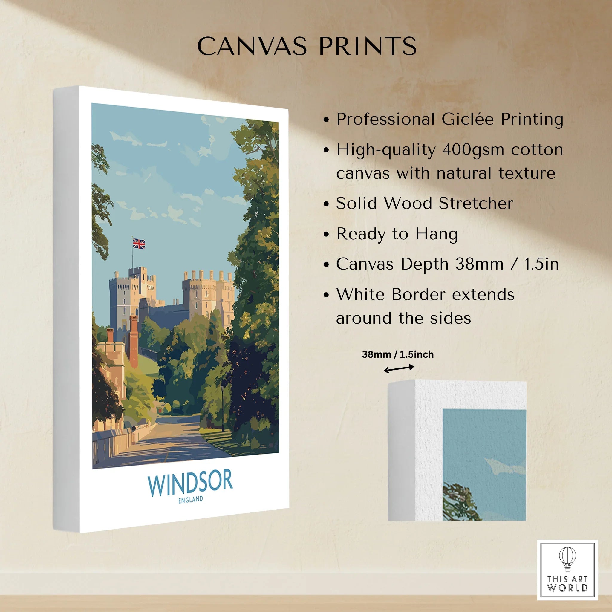 Windsor Castle canvas wall art print with white border and cotton texture, ready to hang
