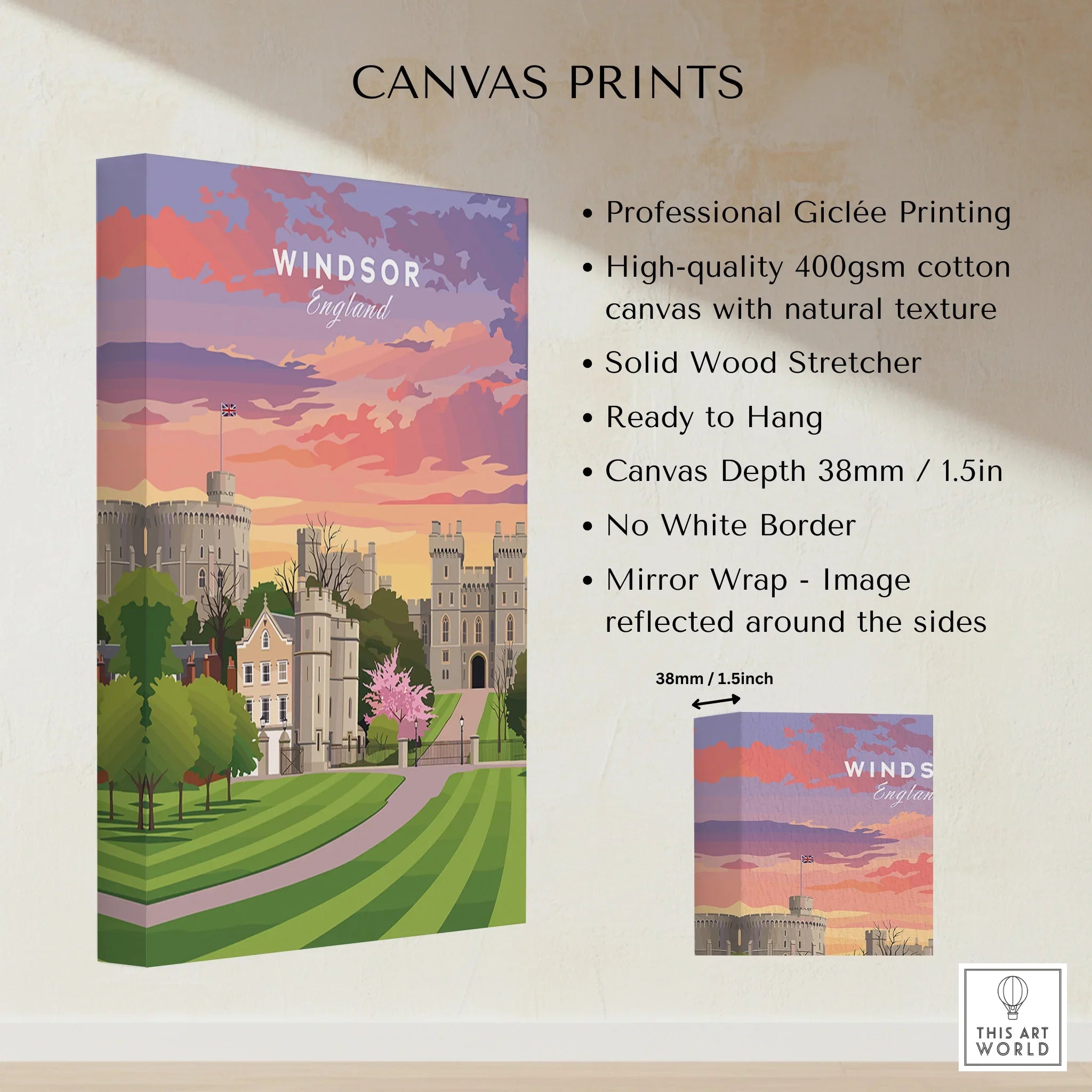 Windsor Castle England travel poster canvas print with vibrant sunset and mirror wrap detail