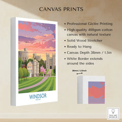 Windsor Castle canvas print with vibrant sunset sky, white border, and cotton texture details