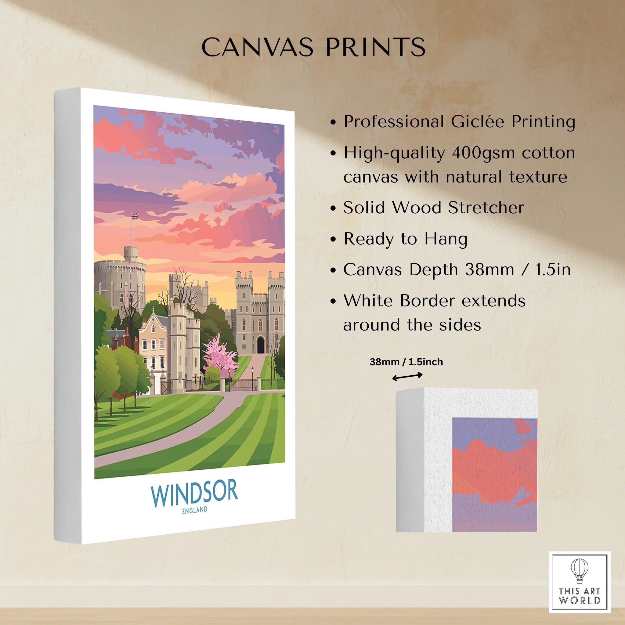 Windsor Castle canvas print with vibrant sunset sky, white border, and cotton texture details