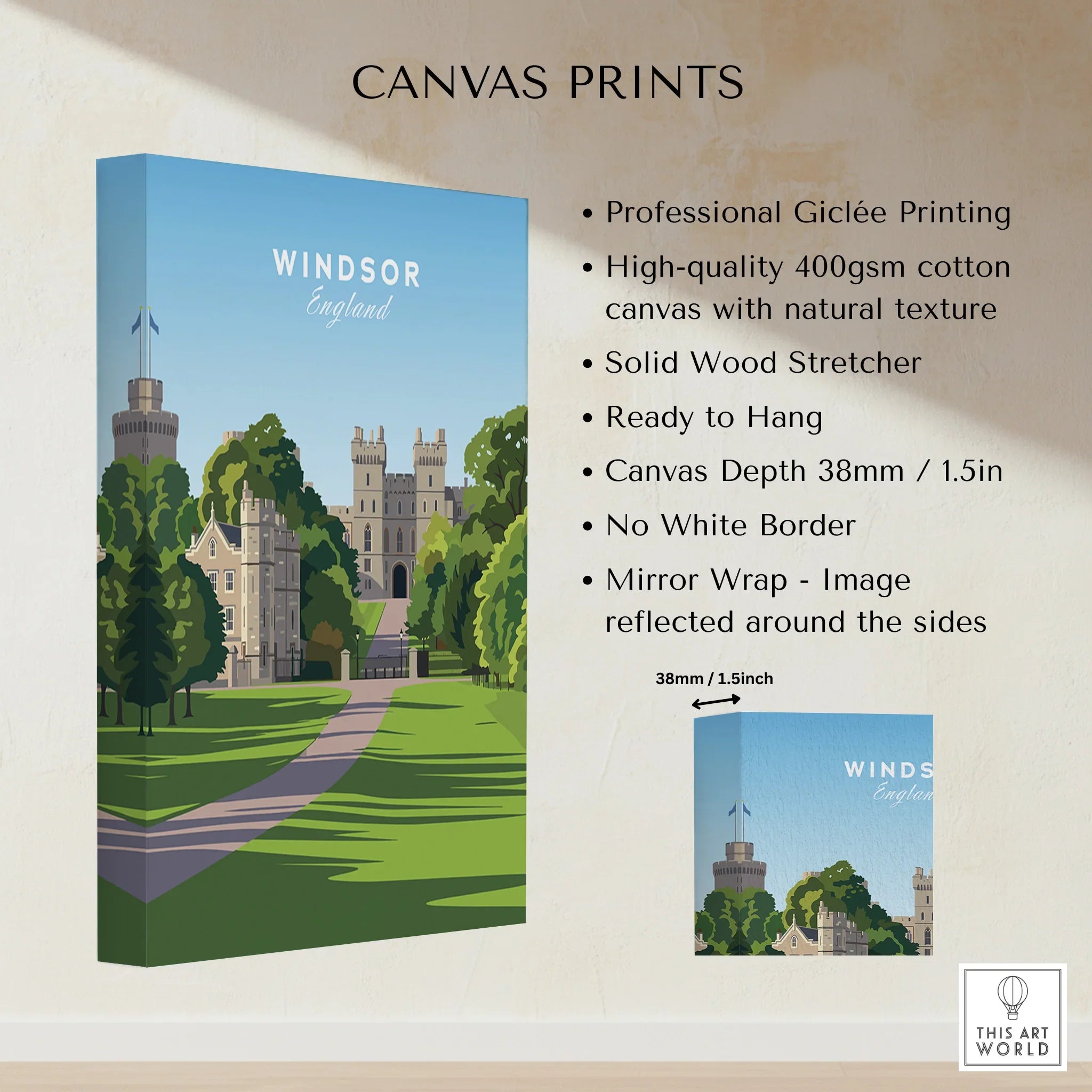 Windsor England travel poster canvas print with castle illustration and canvas details