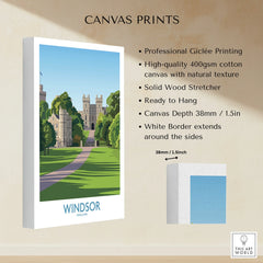Windsor Castle wall art canvas print with white border and green landscape, details listed