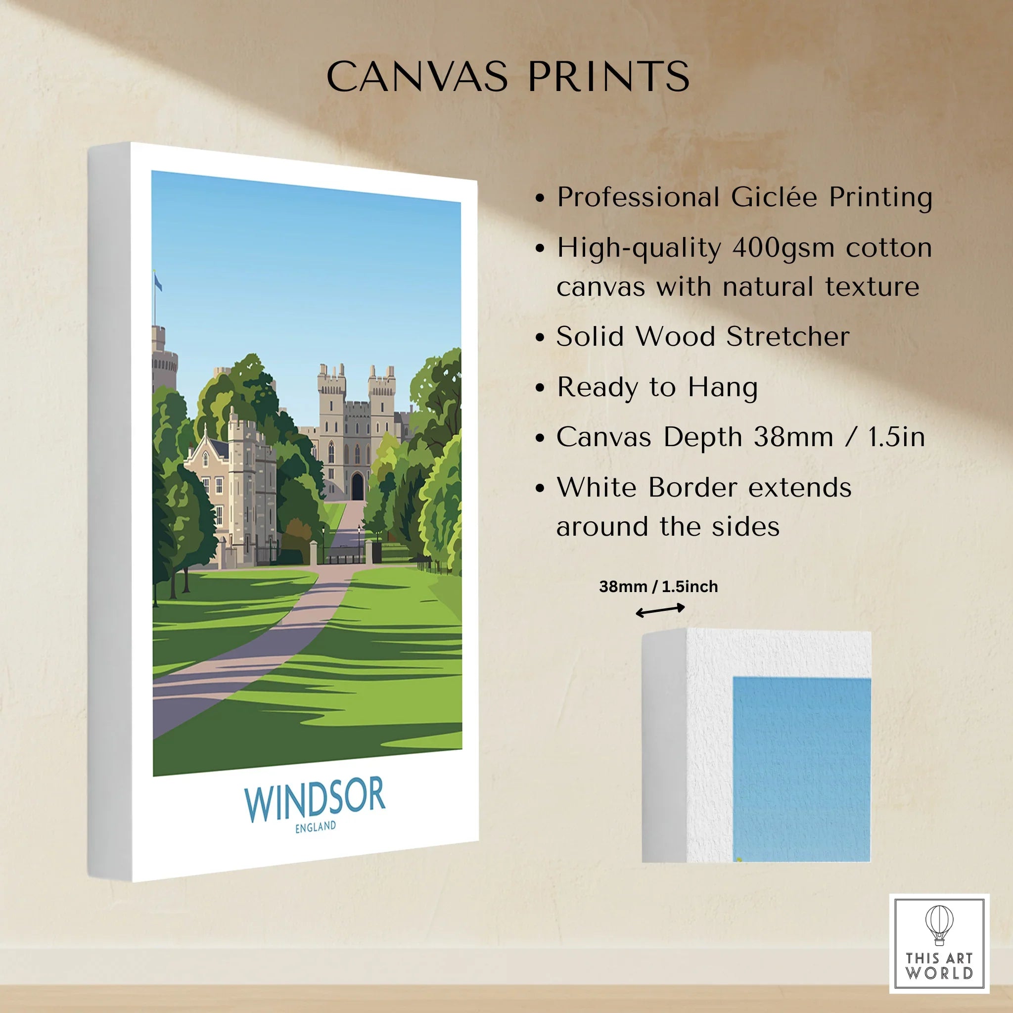 Windsor Castle wall art canvas print with white border and green landscape, details listed