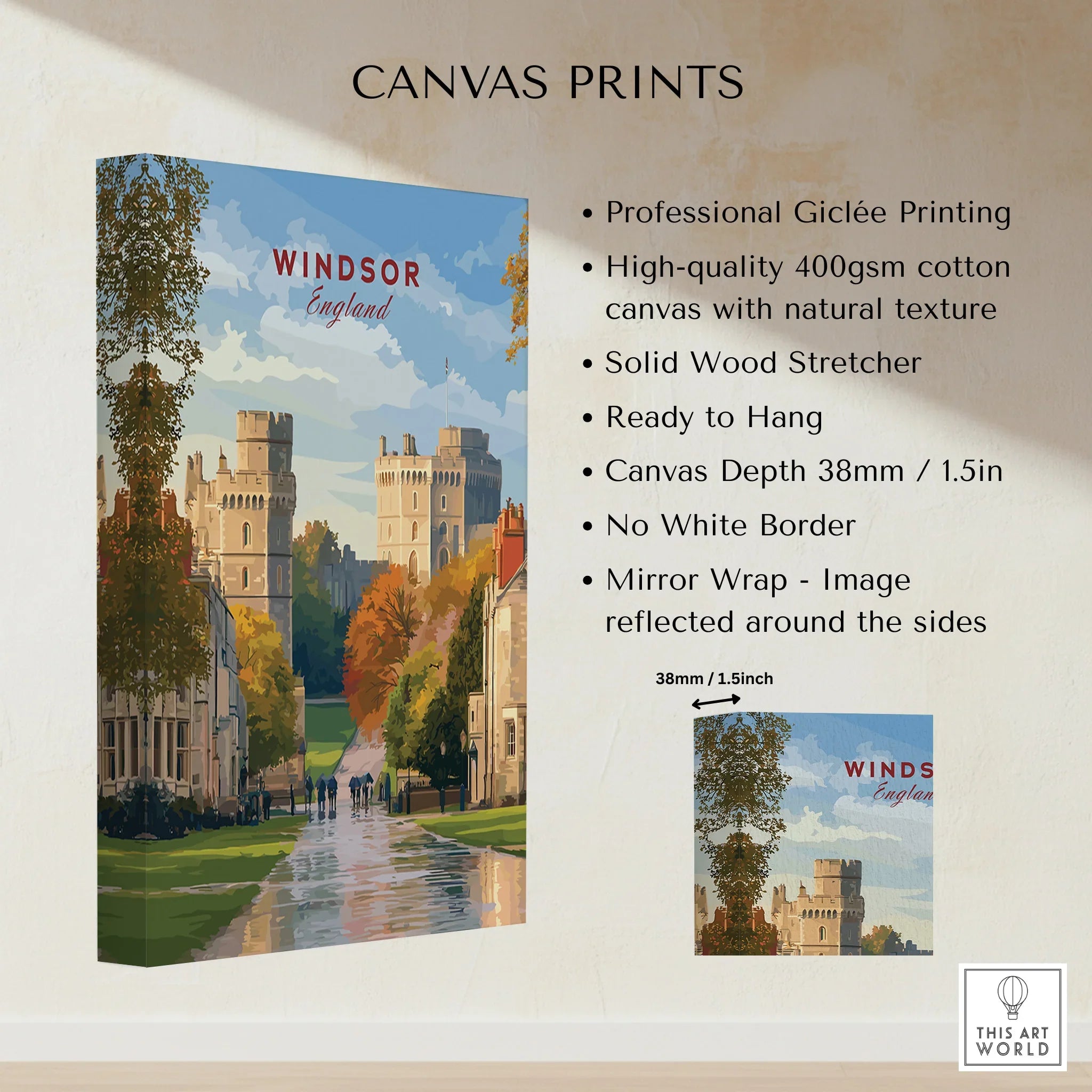 Windsor England wall art canvas print, castle illustration, cityscape decor, cotton canvas