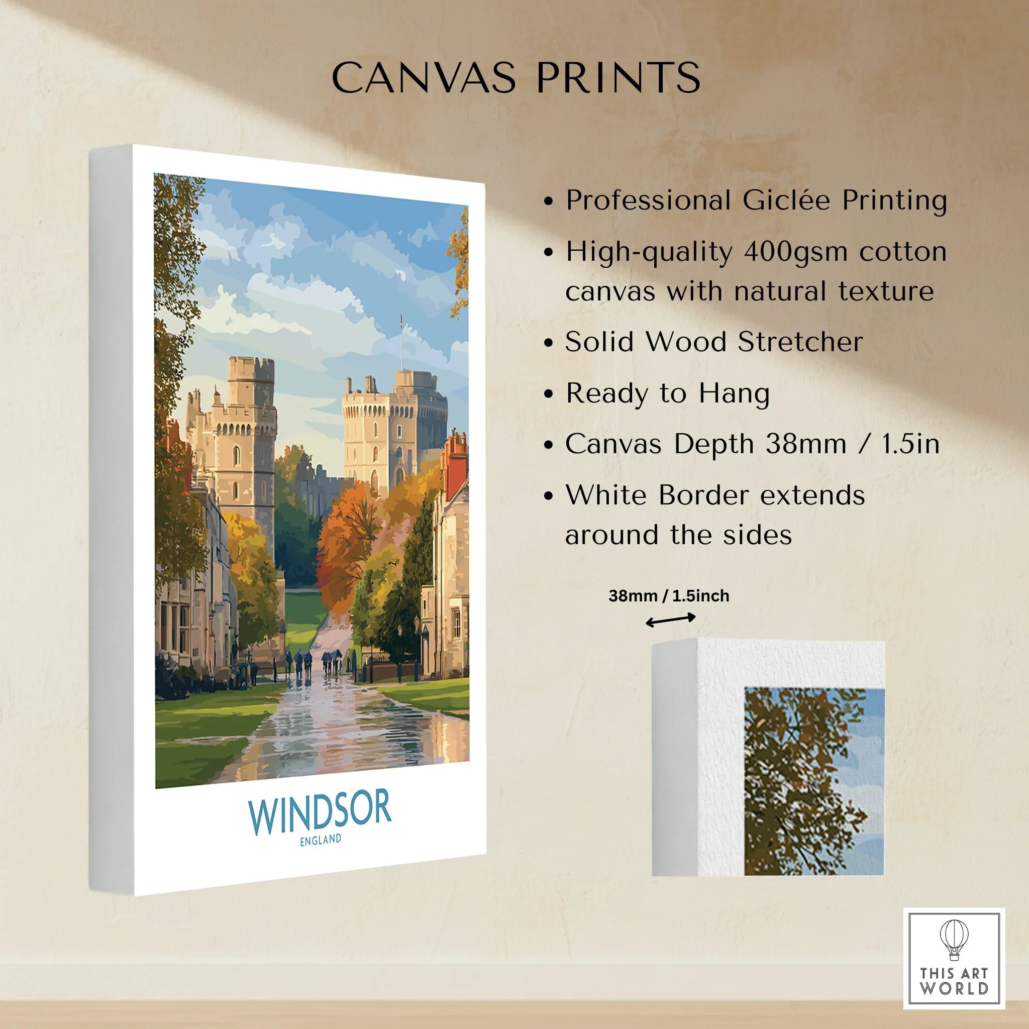 Windsor England cityscape canvas print with cotton texture, white border, and wall art details