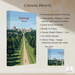 Windsor England canvas print with castle and tree-lined path, stretched on cotton with gallery wrap.
