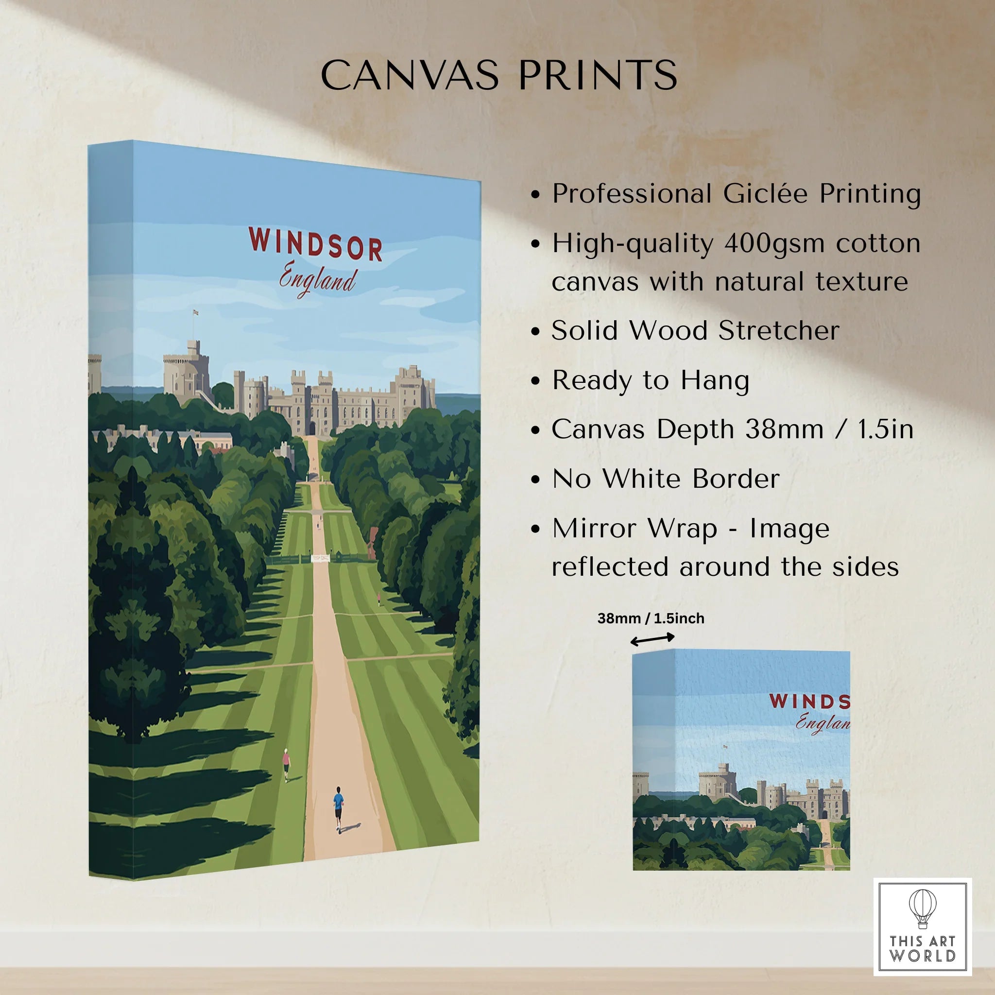 Windsor England canvas print with castle and tree-lined path, stretched on cotton with gallery wrap.