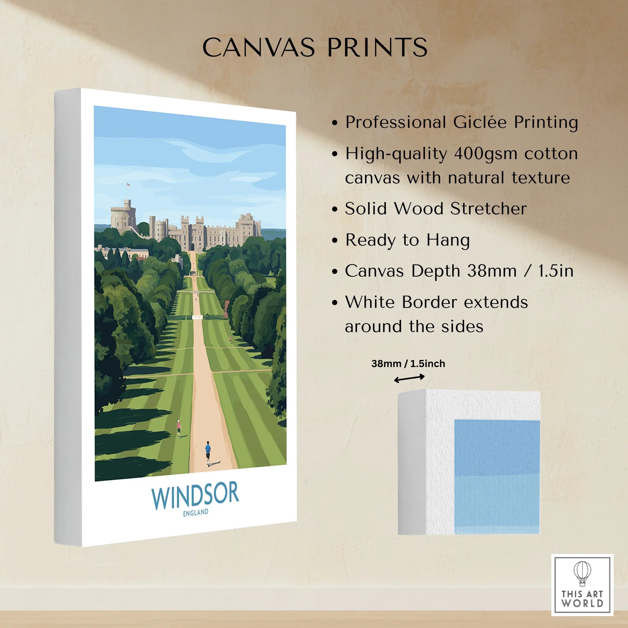 Windsor Castle art print on stretched cotton canvas with white border, gallery wall decor