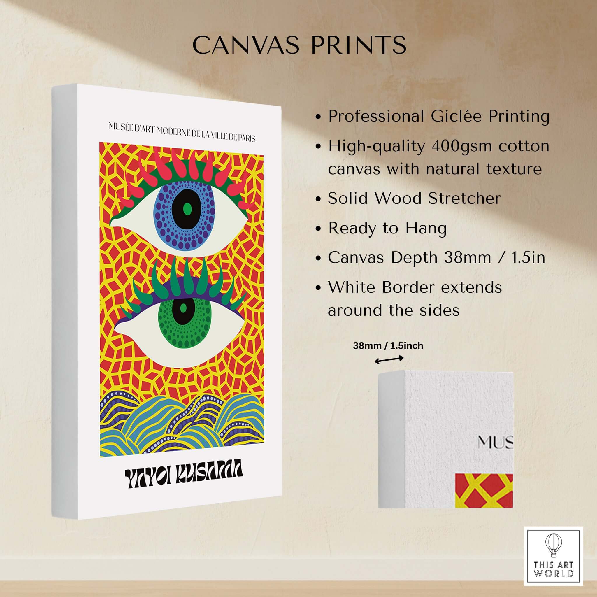 Yayoi Kusama Colorful Eyes Abstract Pattern Contemporary Art Print Paris Poster canvas print with vibrant design and natural texture.
