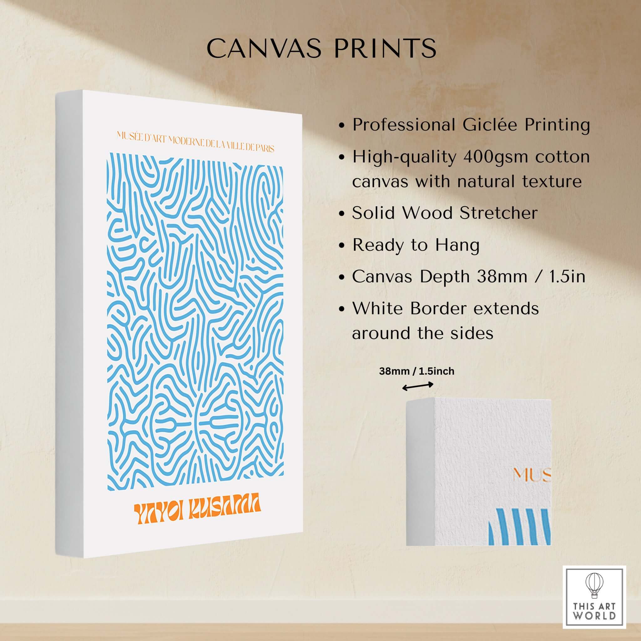 Yayoi Kusama Blue Infinity Net Pattern Abstract Art Print Paris Exhibition Poster displayed on high-quality canvas print.