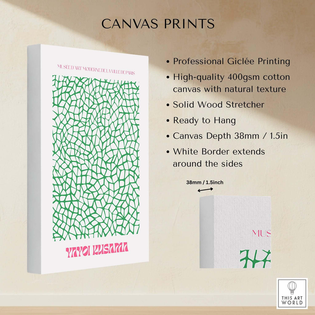 Yayoi Kusama Green Net Pattern Abstract Contemporary Art Print Paris Poster Decor canvas print featuring intricate green design.