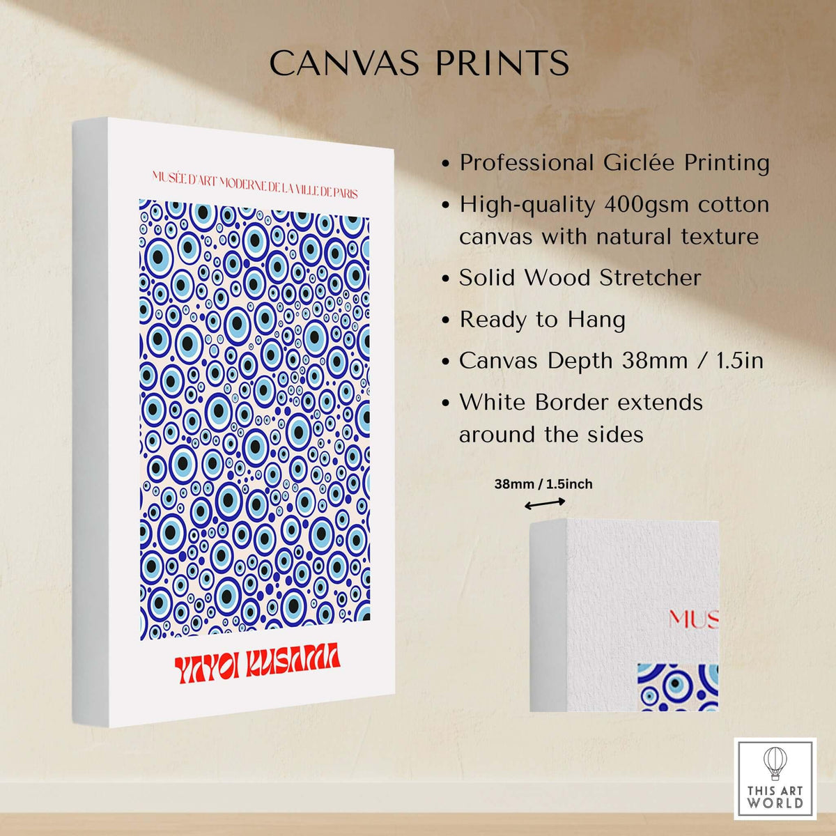Yayoi Kusama Evil Eye Pattern Blue Contemporary Art Print Poster Paris Wall Decor on canvas with natural texture.
