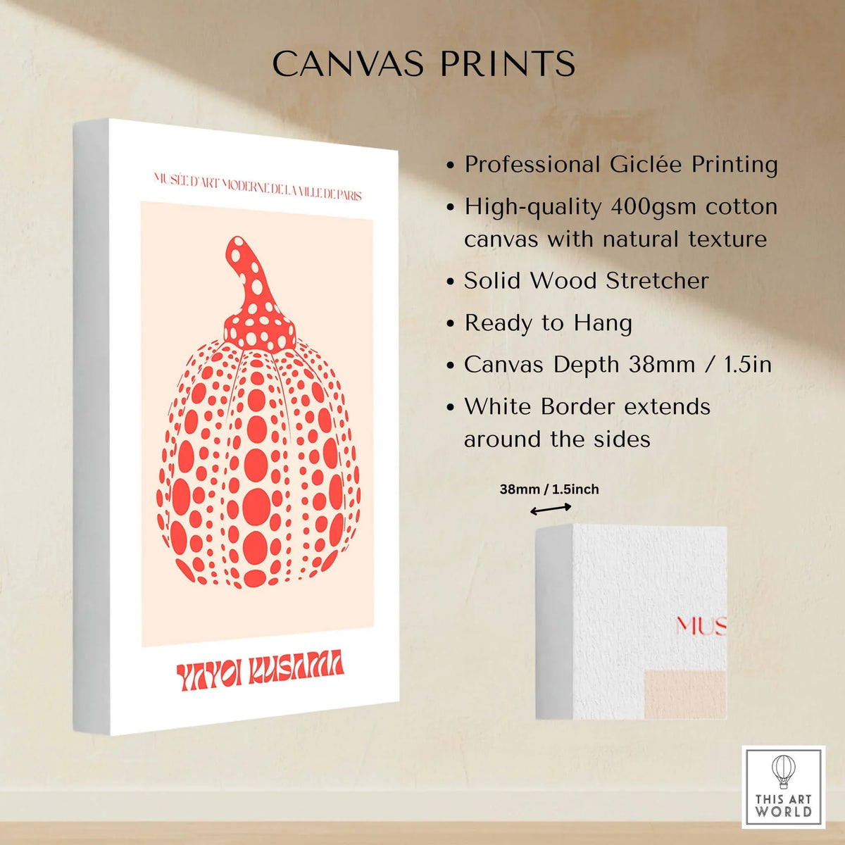Yayoi Kusama Red Pumpkin Polka Dot Pop Art Print Poster Paris Exhibition Wall Art on canvas with natural texture.