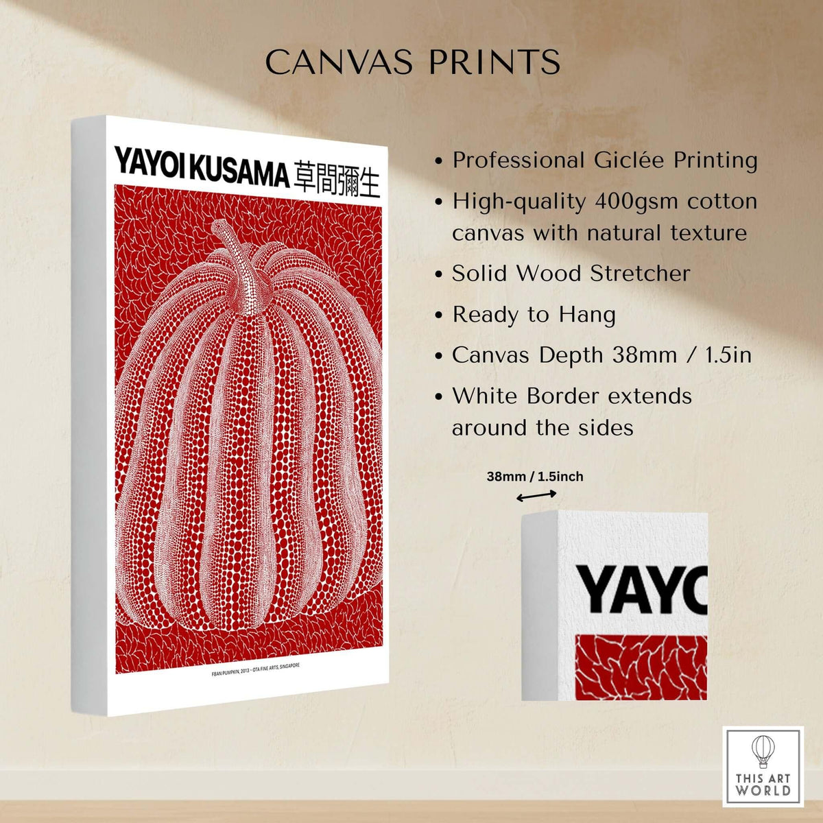 Yayoi Kusama Red White Pumpkin 2013 Singapore Exhibition Art Print Poster Polka Dot displayed on canvas with Giclée printing.