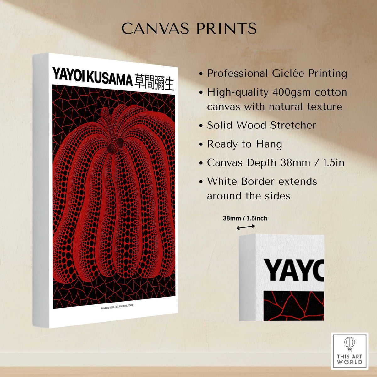 Yayoi Kusama Red Black Pumpkin 2000 Tokyo Exhibition Poster Polka Dot Art Print displayed on canvas with professional printing.