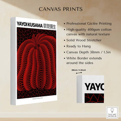 Yayoi Kusama Red Black Pumpkin 2000 Tokyo Exhibition Poster Polka Dot Art Print displayed on canvas with professional printing.
