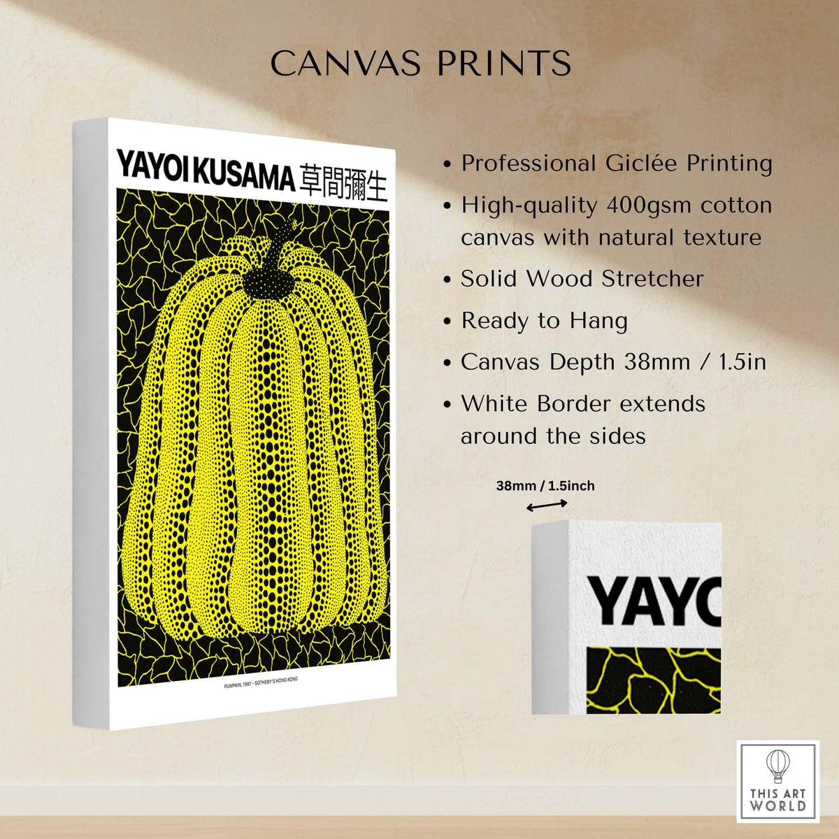 Yayoi Kusama Yellow Black Pumpkin 1991 Hong Kong Art Print Poster Polka Dot Decor canvas print details