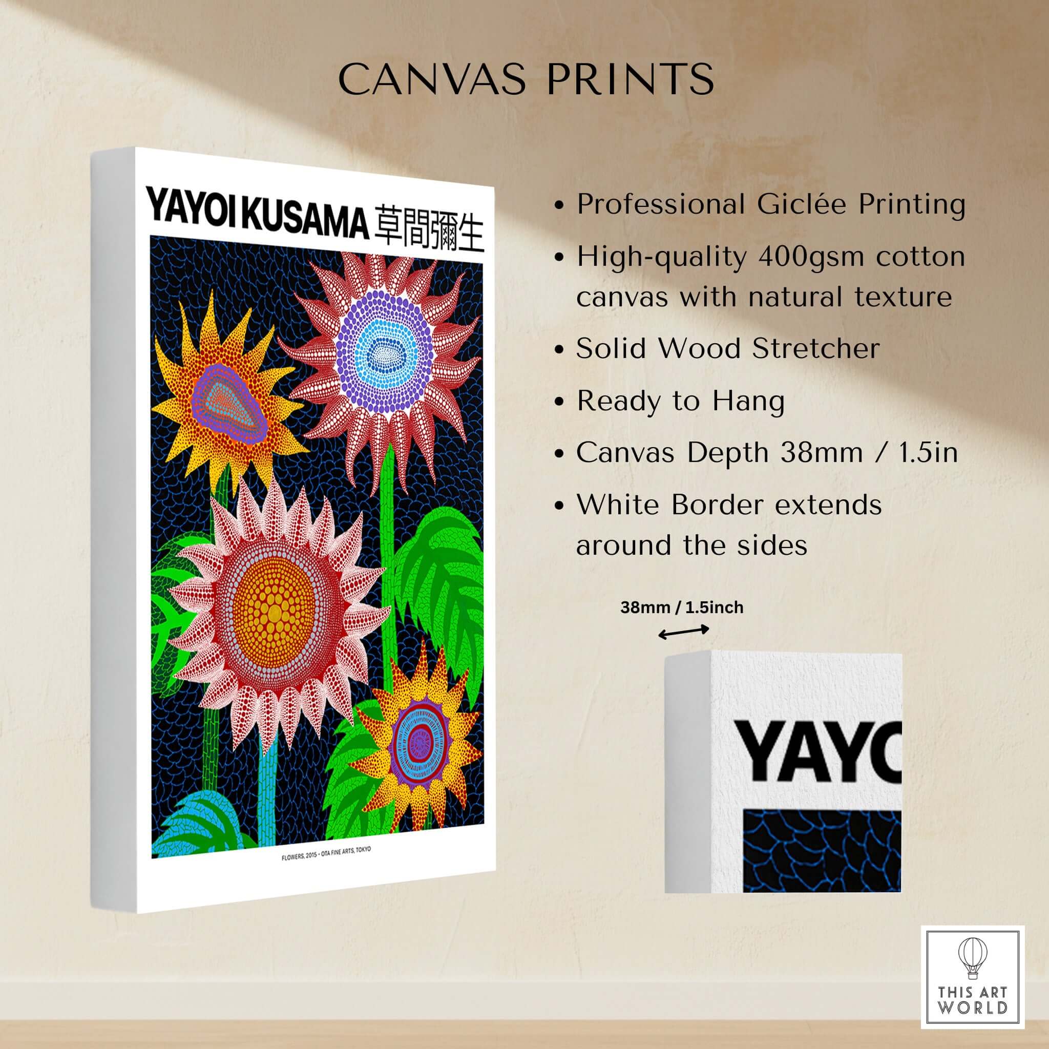 Yayoi Kusama Colorful Flowers 2015 Tokyo Art Print Poster Contemporary Polka Dot Wall Art on canvas with white border