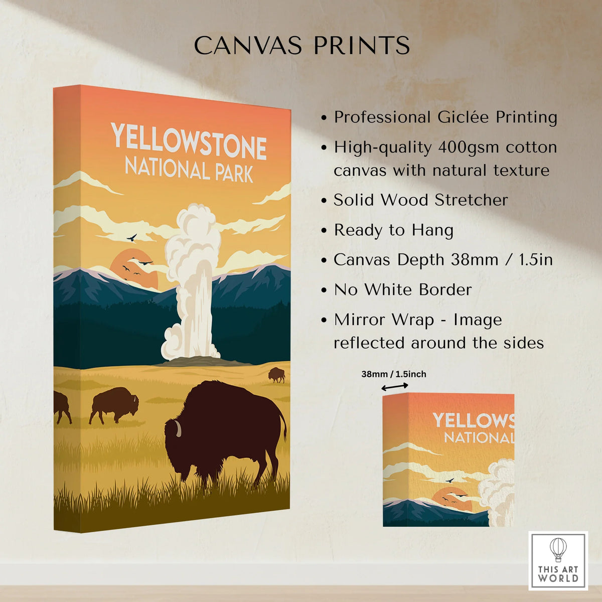 Yellowstone National Park canvas print with bison, geyser, mountains, and sunset design.