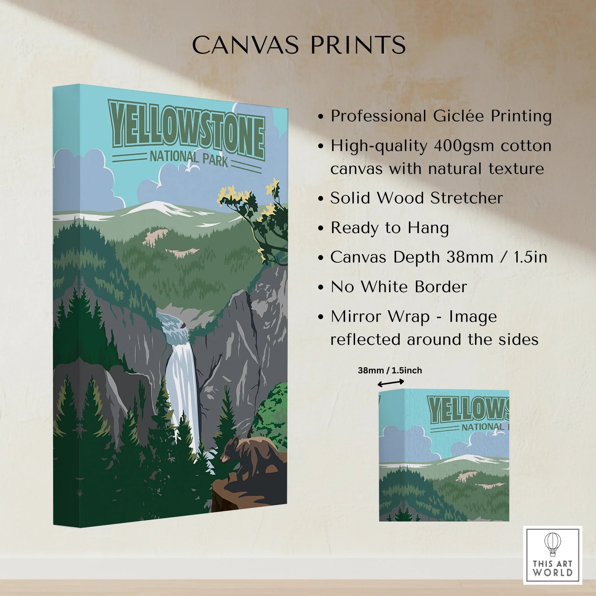 Yellowstone National Park canvas print with waterfall, forest, and bear, wall art decor