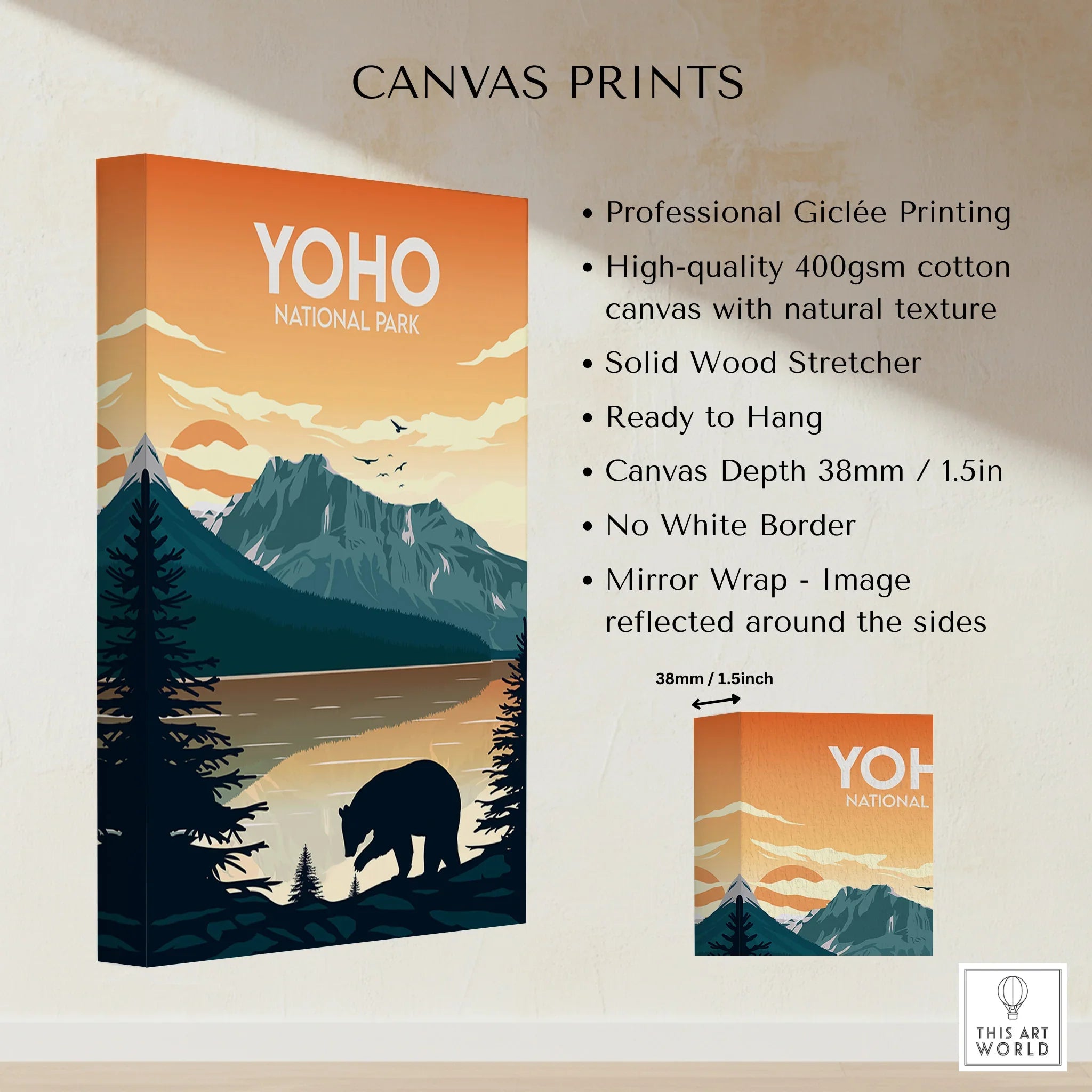 Stretched canvas wall art featuring a Yoho National Park mountain landscape with bear silhouette.