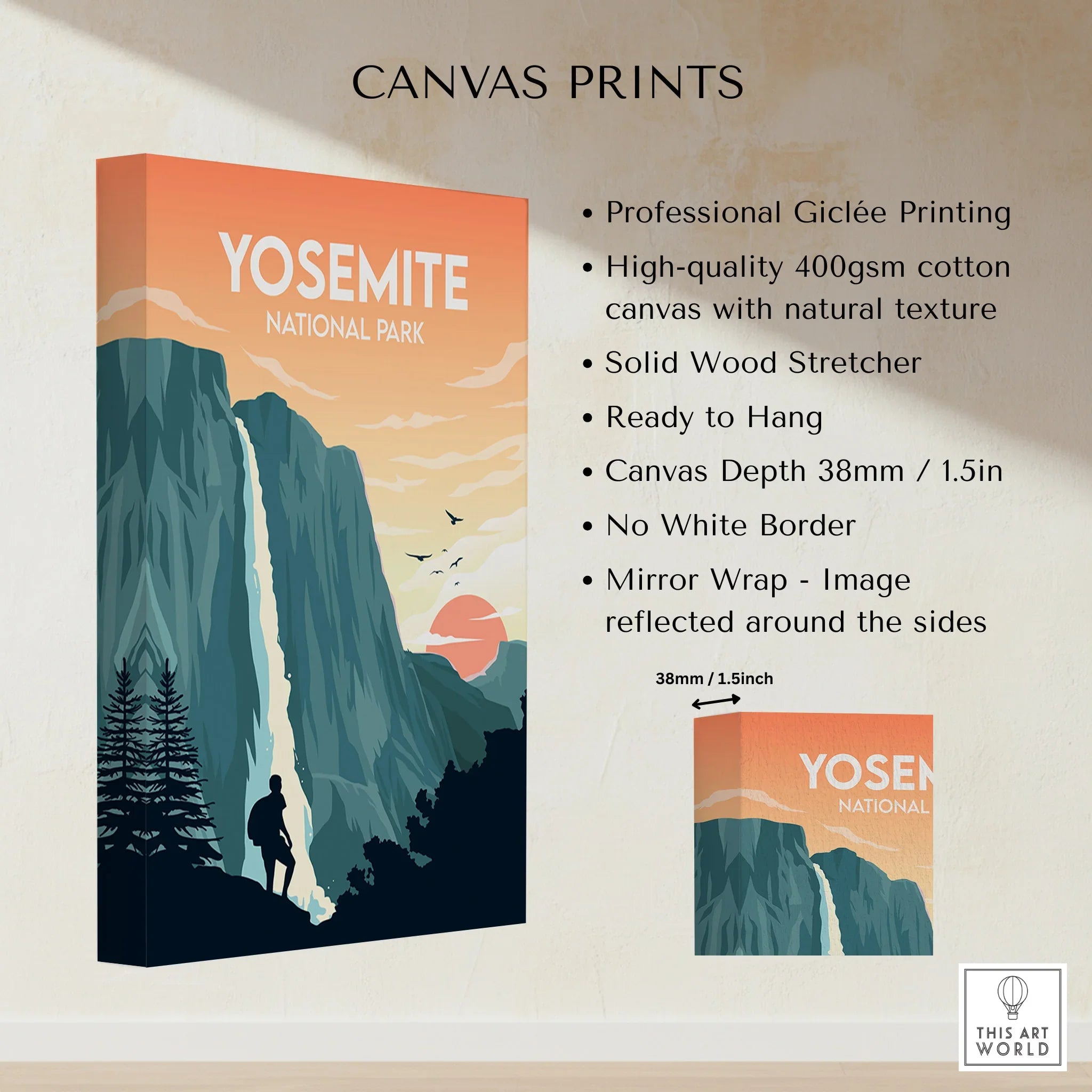 Yosemite National Park canvas print with waterfall, hiker, and sunset, wall art details shown.